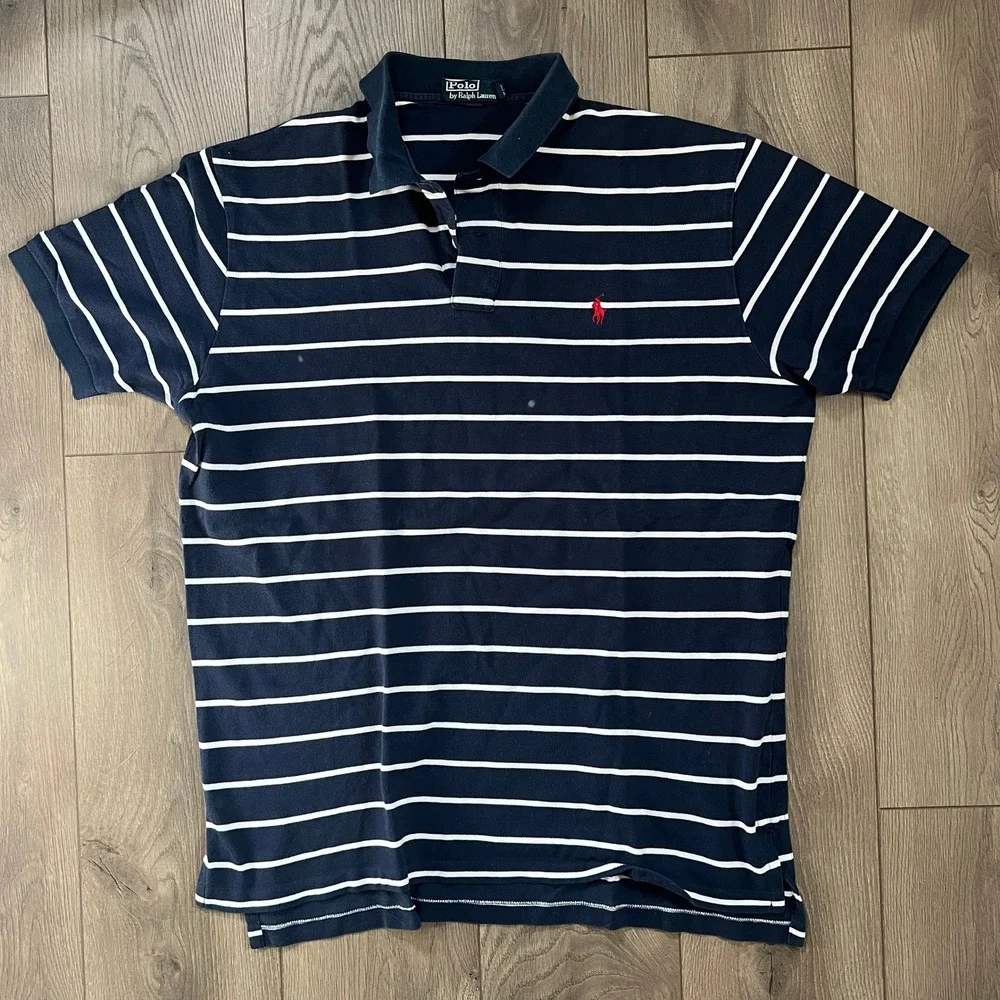 Polo by Ralph Lauren Mens XL short sleeve navy white stripe logo polo preppy